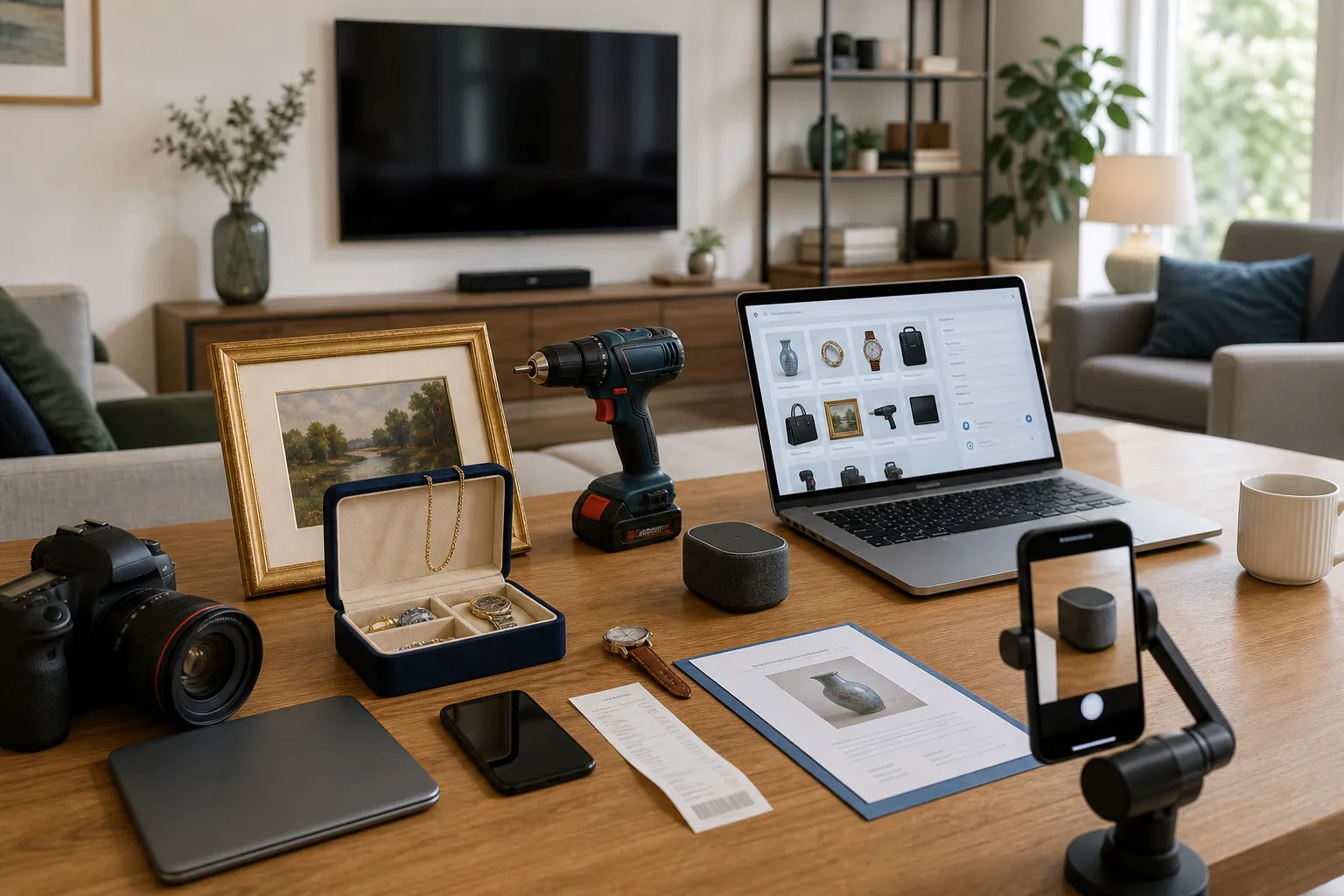 A fictional home inventory documenting jewelry, art, electronics, tools, receipts, and photographs before a loss