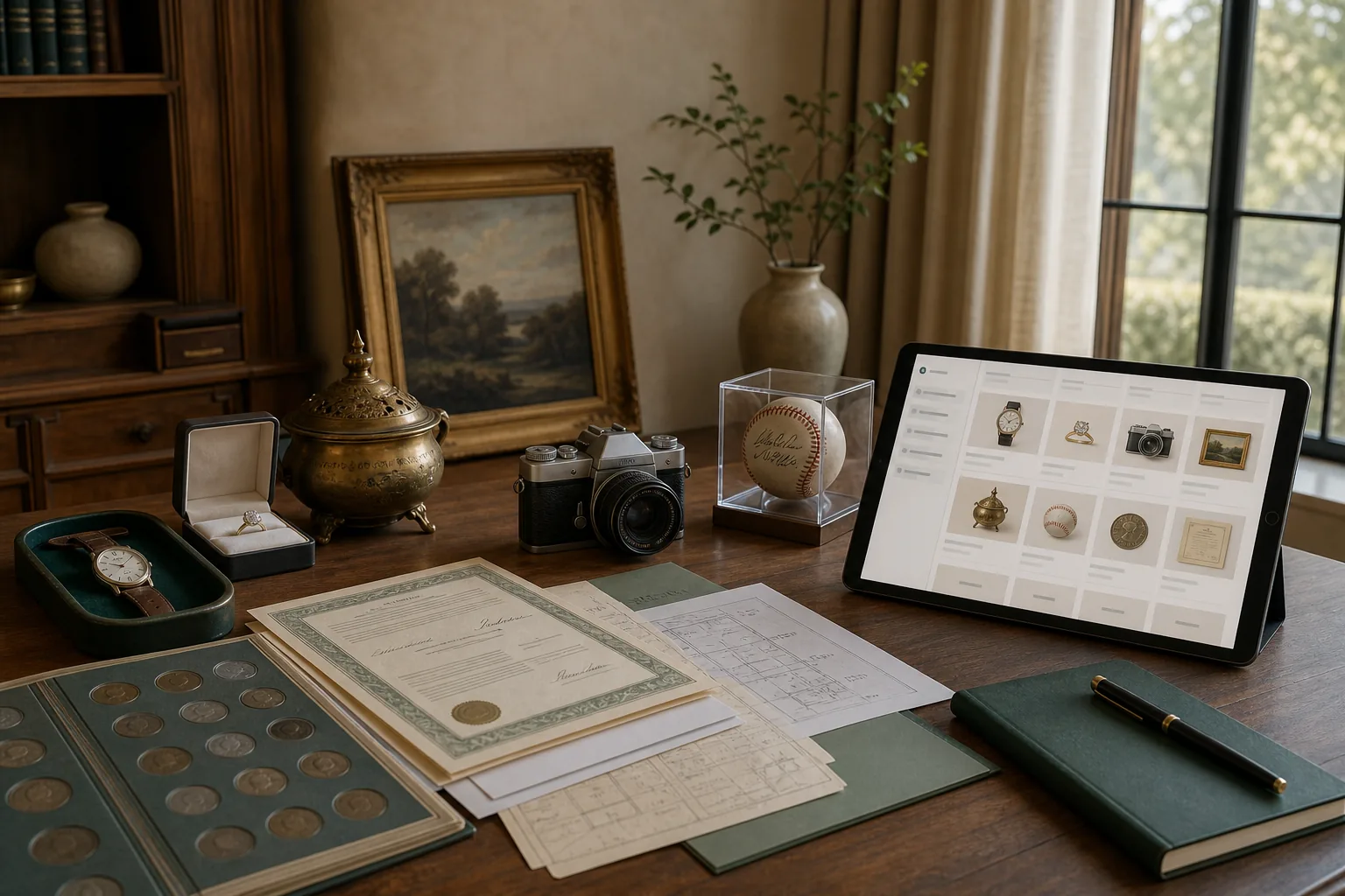 A fictional estate inventory with jewelry, a watch, artwork, coins, camera, documents, and organized digital records