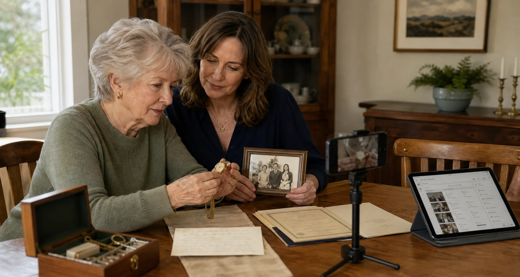 A fictional mother and adult daughter documenting a watch, family photograph, papers, and jewelry together before a move